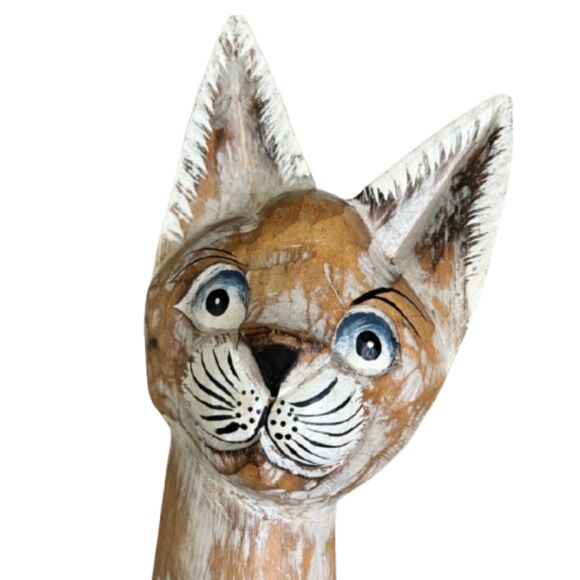 Set Of 2 Hand Carved Wooden & Painted Mama & Baby Siamese Cats 19" & 12"H - Picture 5 of 10